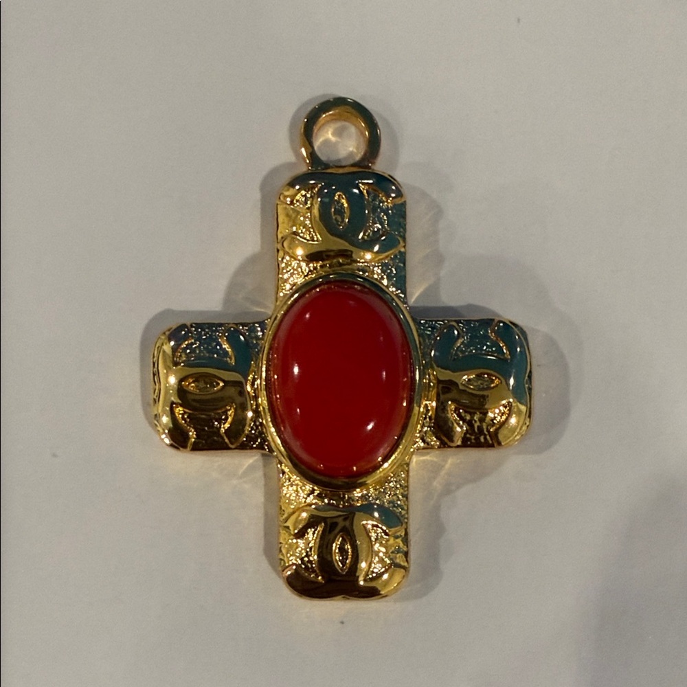 CHANEL Gold and Red Cross Necklace Pendant